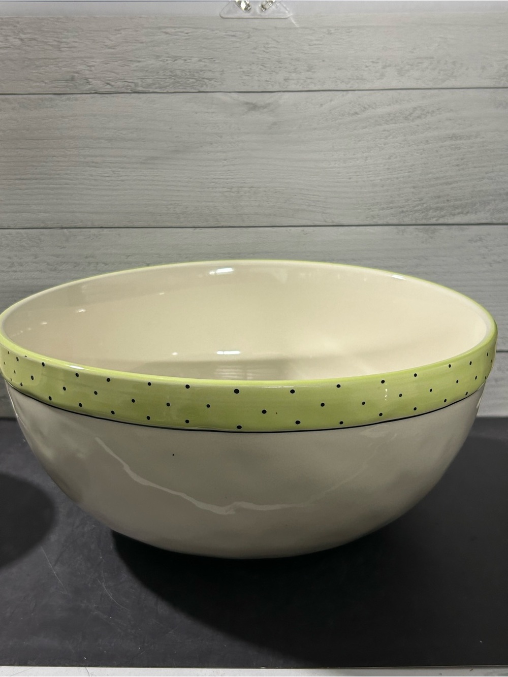Rae Dunn Cream Serving Bowl with Light Green Polka Dot Rim